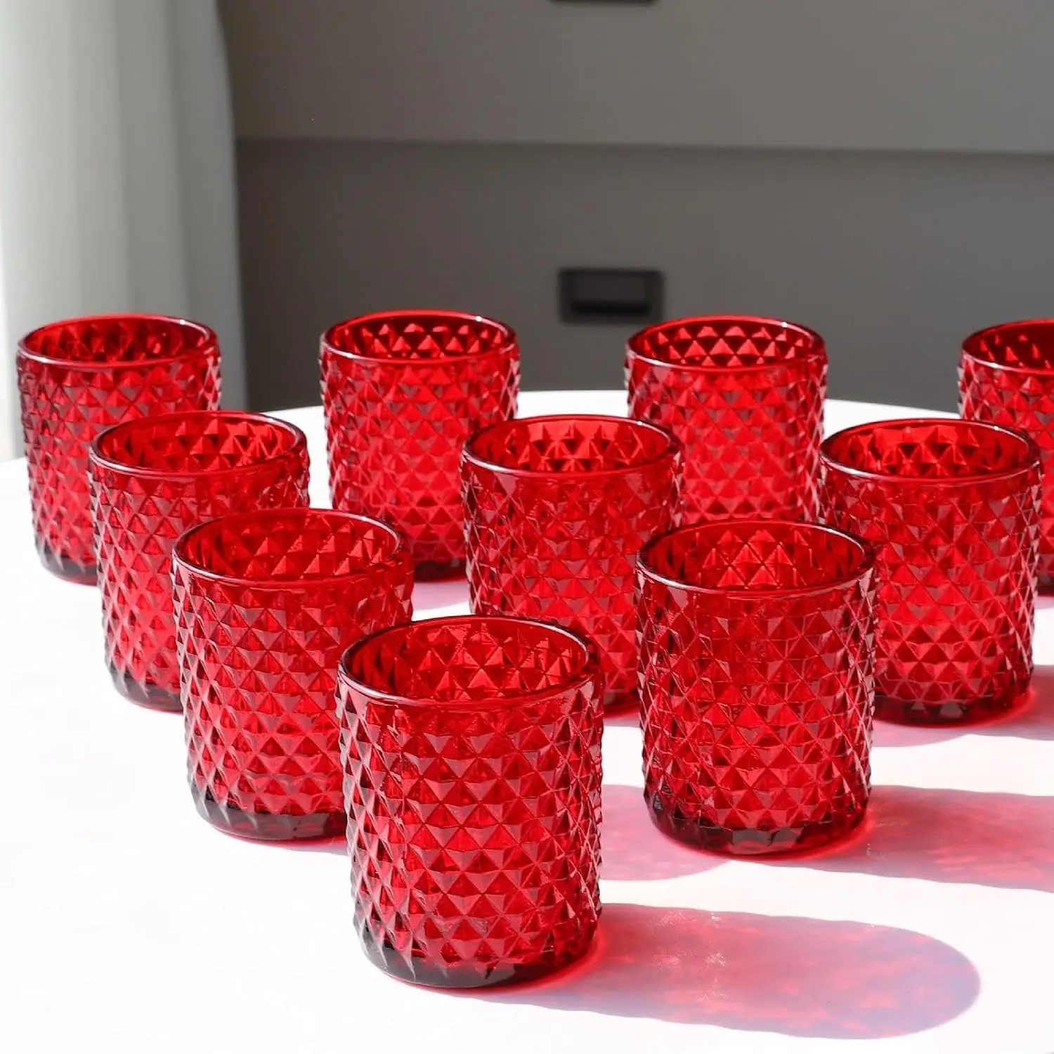12pcs Red Votive Candle Holders, Tealight Candle Holder for Christmas | Glass Tea Lights Candle Holder for Wedding Table Centerpiece, Studded Diamond Tealight Candle Holder for Holiday Home Decor