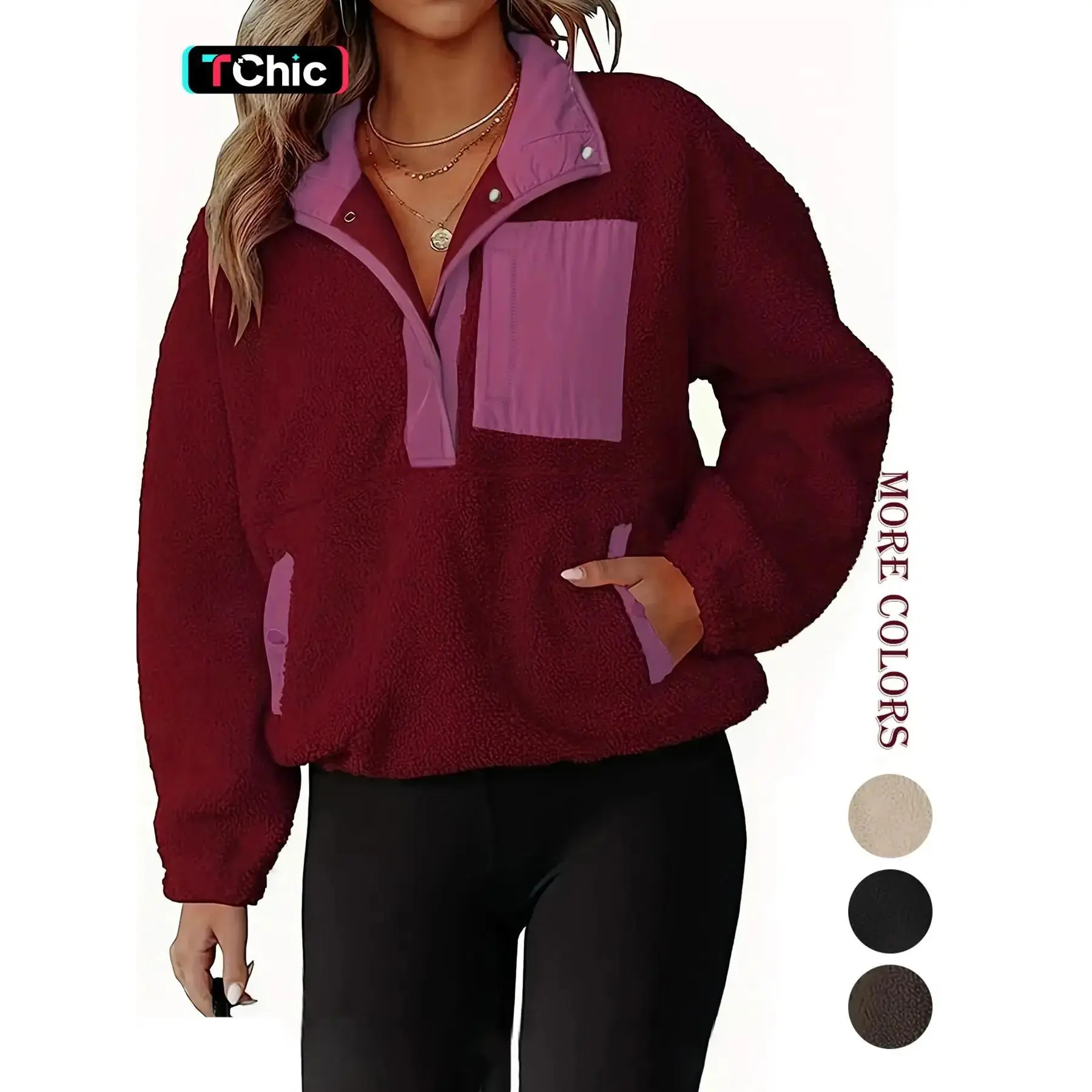 Women's Patchwork Print Half Button Pocket Fuzzy Sweatshirt, Casual Drop Shoulder Long Sleeve Stand Collar Pullover for Fall Winter Daily Wear