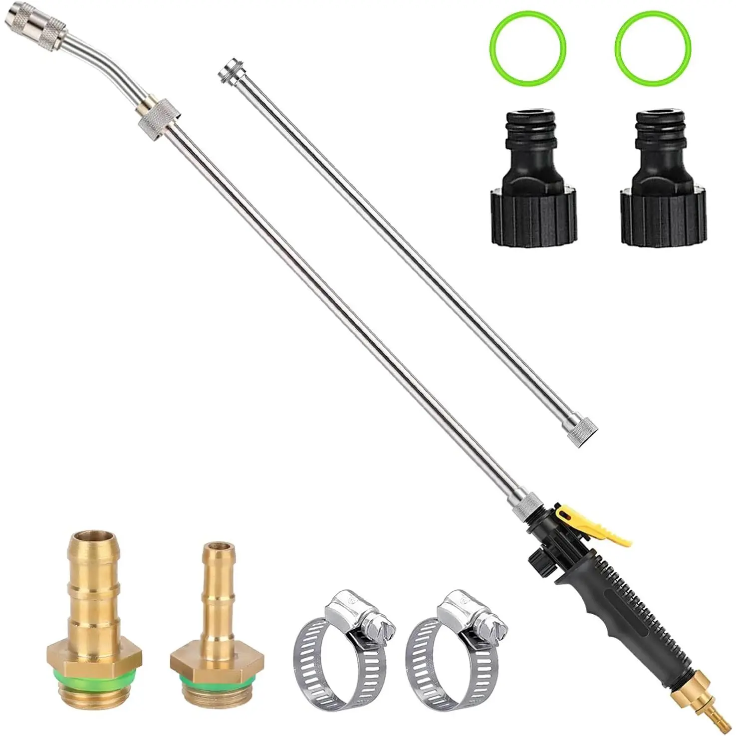 44" Sprayer Wand, 2 brass barbs match 3/8'' & 1/4'' hoses, Adjustable Stainless Steel Replacement Garden Sprayer Wand with Built-in Shut-Off Valve, w/ 2 Hose Clamps & 2 Hose Connects Yellow