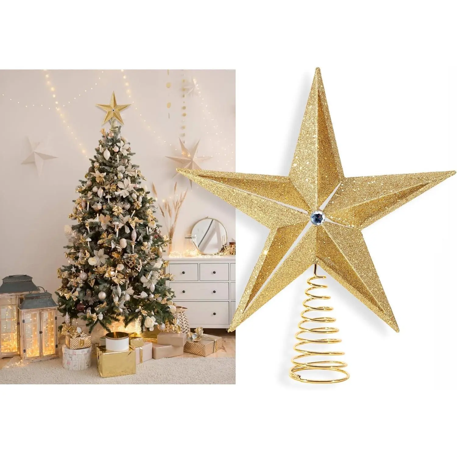 10 inch Large Filigree  Glittered   Tree Topper  for Large Tree 6 -8  Tall/ Decor Ornaments ()
