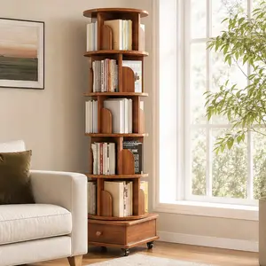 ARCH Rotating Bookshelf 360 Display Corner Bookcase 6 Tier Spinning Bookcase with Wheels MDF Wood Narrow Storage Rack Organizer for Small Space Bedroom Living Room Study Room Walnut Brown Multiple Color Options, Brown/Natural Wood/Walnut/Walnut