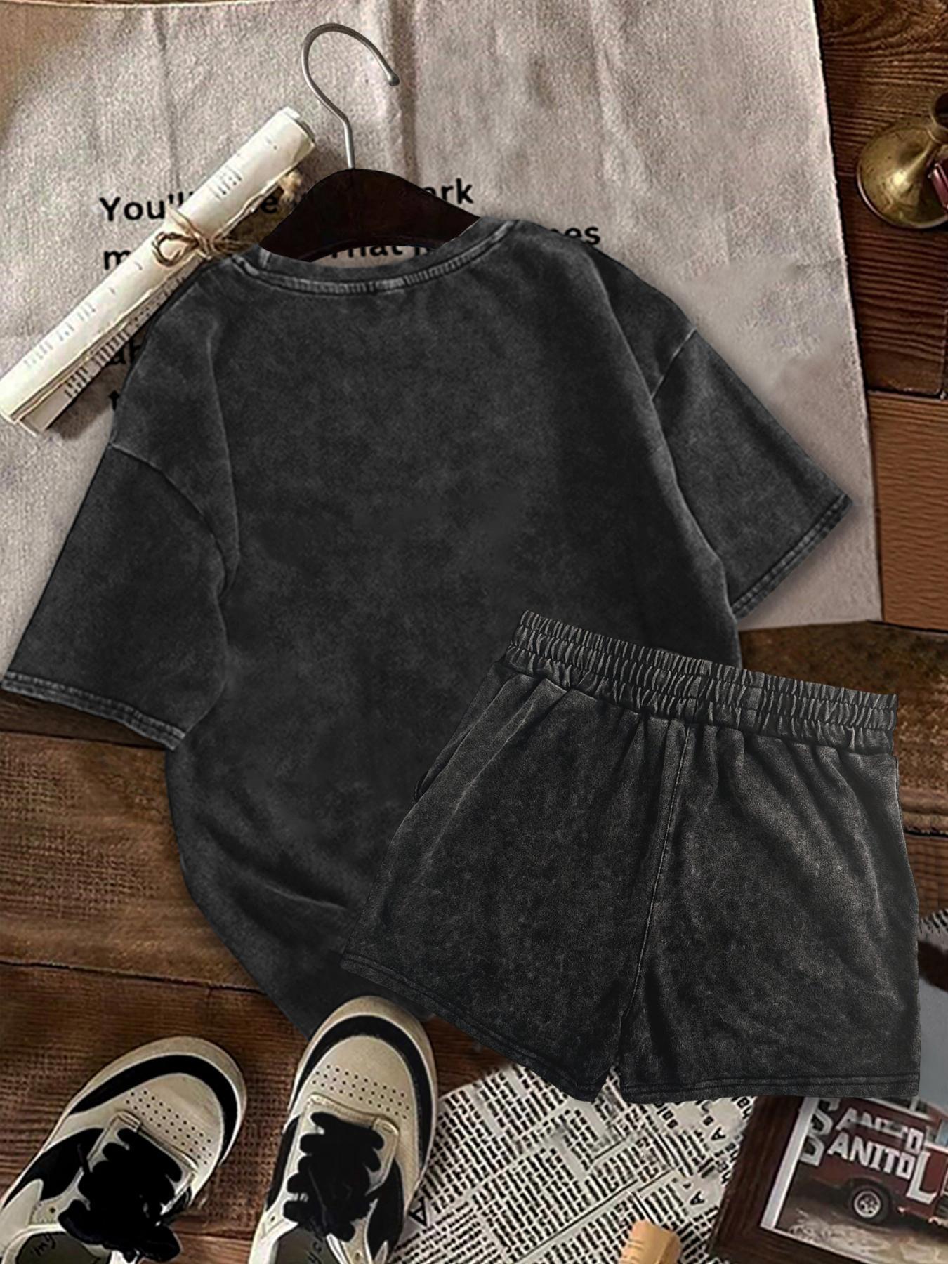 Two-piece Set Women's Panther Print Tee & Shorts, Casual Short Sleeve T-shirt & Shorts, Ladies Two-piece Outfits for Daily Wear, Clothes, Womenswear, Fitted, Crewneck Summer Beach Set, Shorts Sets