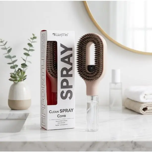 Spray Function Curl Refresh Brush - Travel Size Mist Sprayer for Curly Hair, Hydration Detangler, Anti-Frizz, Anti-Breakage Wet/Dry Styling Tool, Professional Salon Quality, Khaki/Black