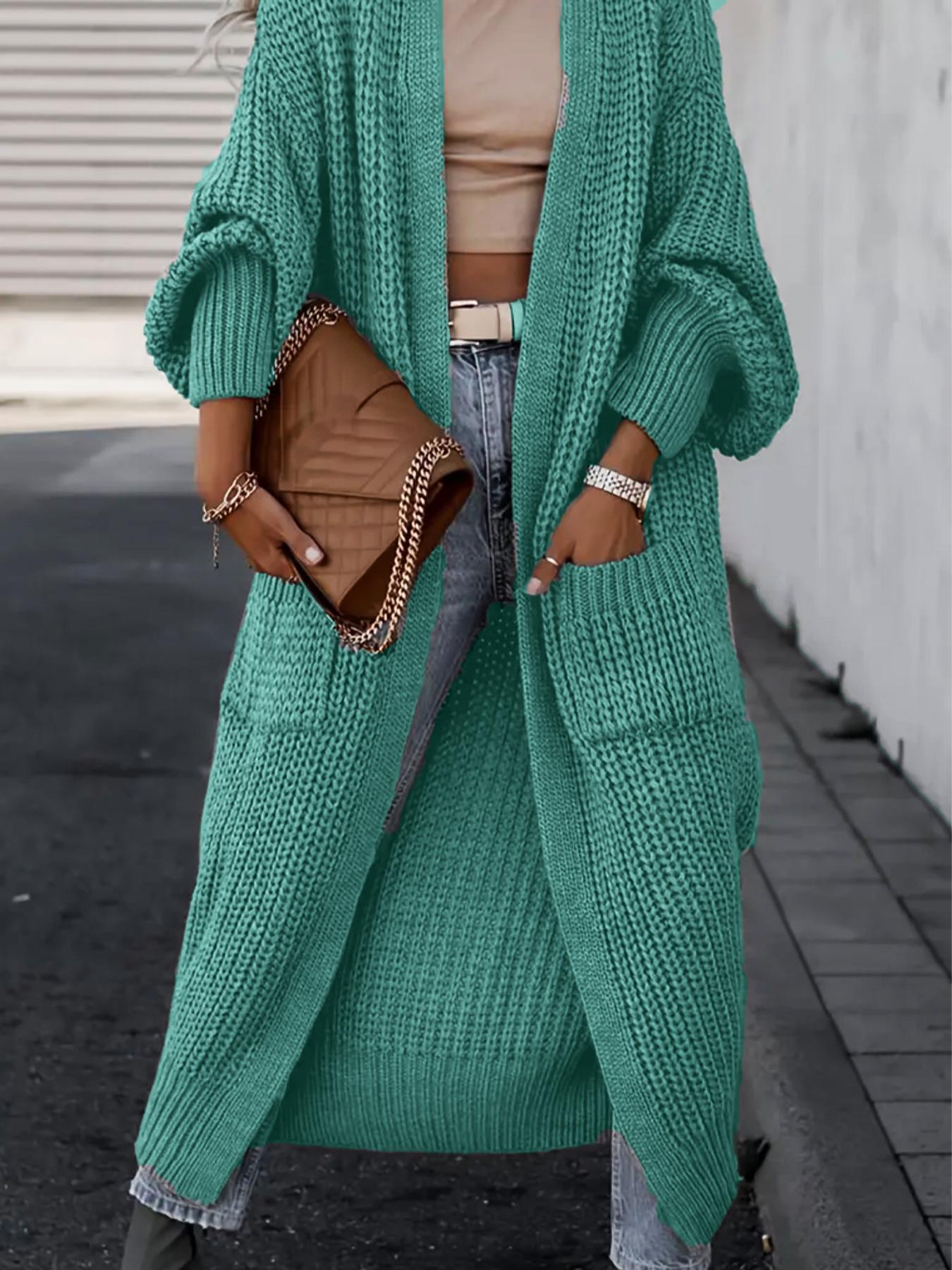 Women's Solid Drop Shoulder Long Cardigan, Womenswear Casual Long Sleeve Cardigan with Pockets, Ladies Knitwear for Spring & Fall Daily Wear, Sweaters for Women