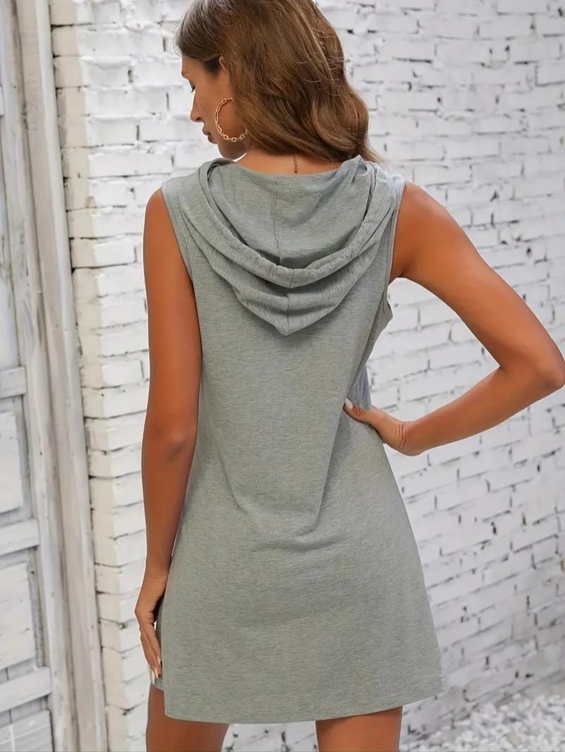Women's Plain Drawstring Hooded Dress, Casual Sleeveless Dress for Summer, Ladies Clothes for Daily Wear