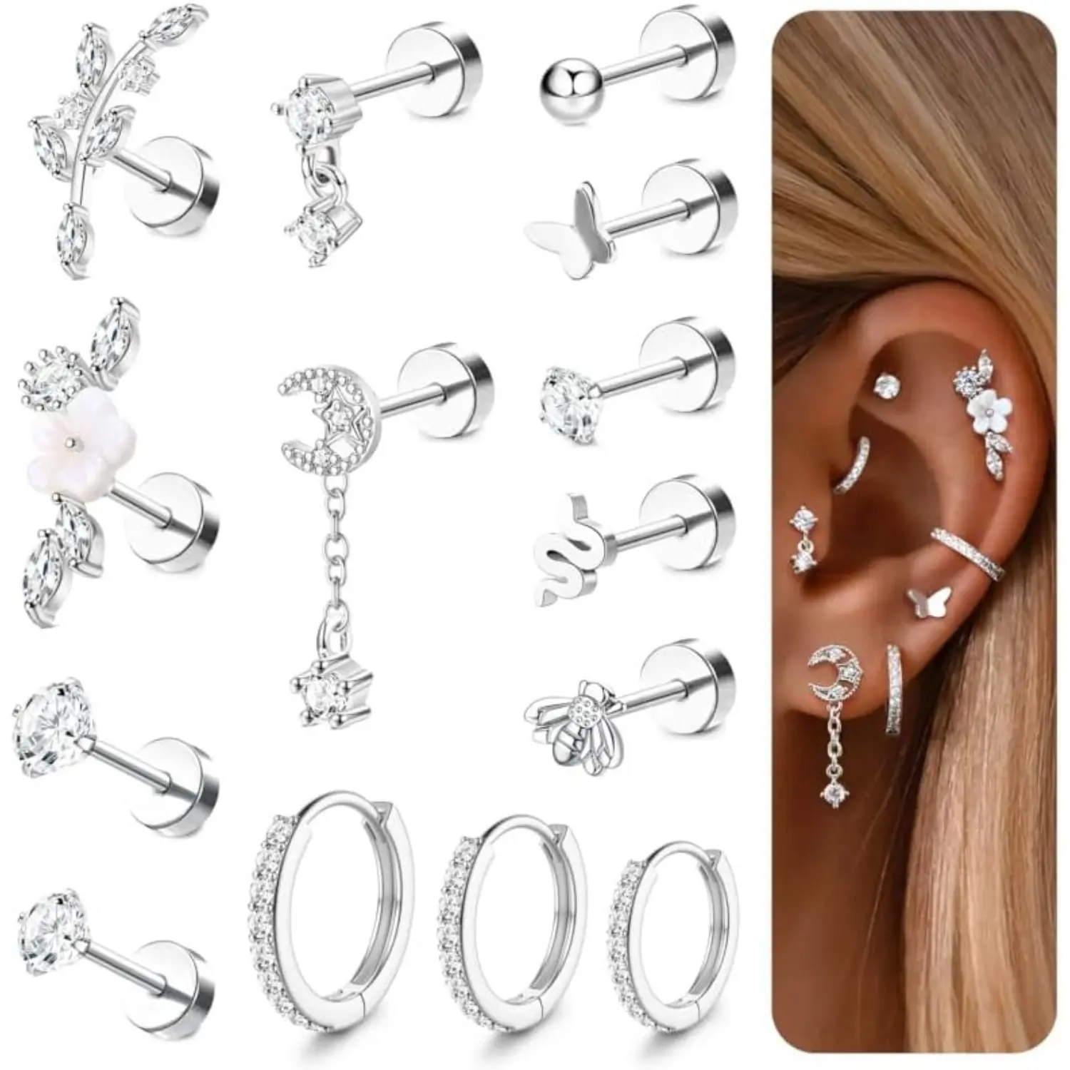 ORAZIO 12/14Pcs 16G Helix Piercing Jewellery Surgical Steel Tragus Earrings Set Flat Back Earrings Stud Helix Hoop Cartilage Earring Silver Gold Conch Daith Tragus Piercing Jewellery Single PC