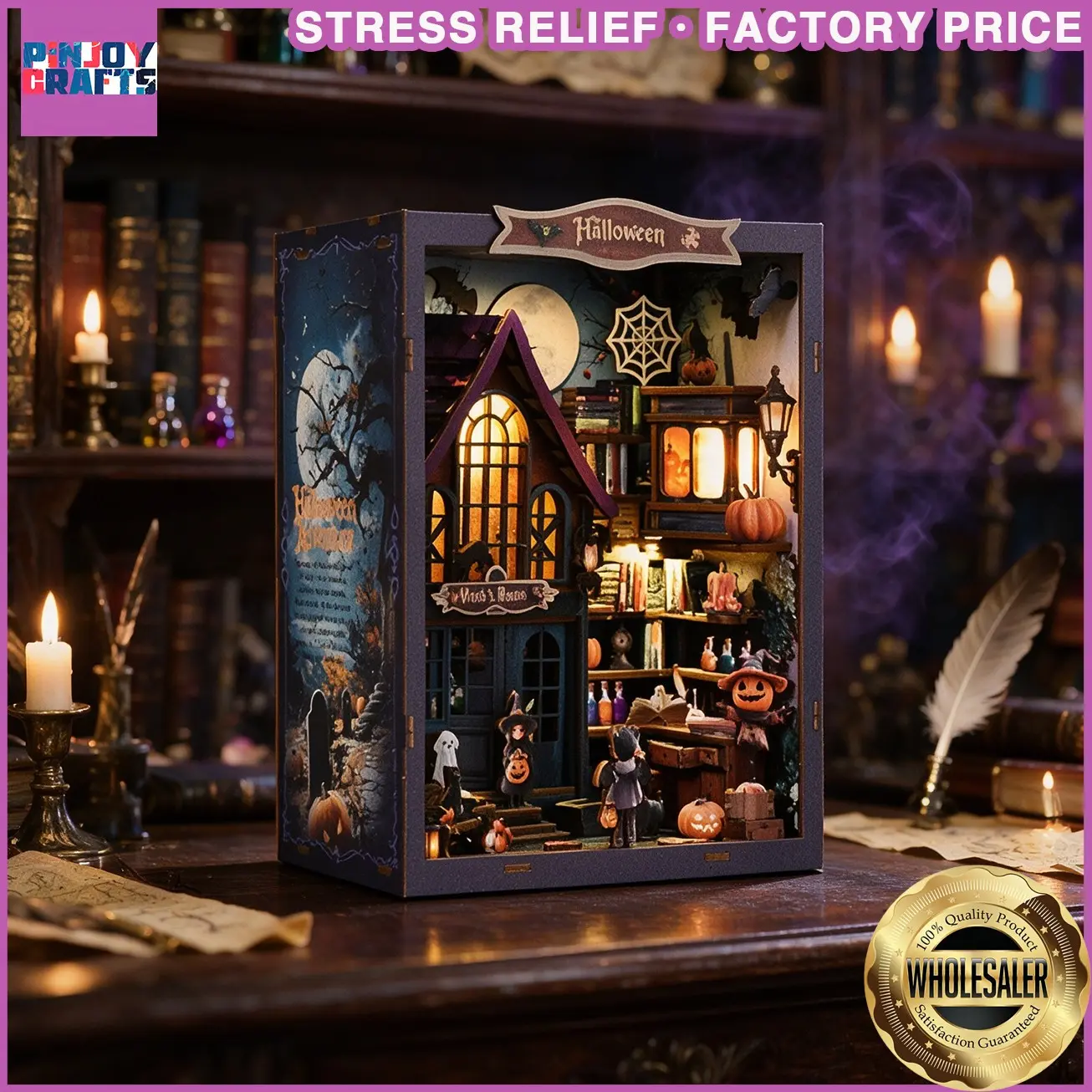Castle Theme DIY Book Corner Kit, LED Light Mini Shelf Plugin, 3D Wooden Puzzle for Adults and Teens, Perfect Gift for Holidays