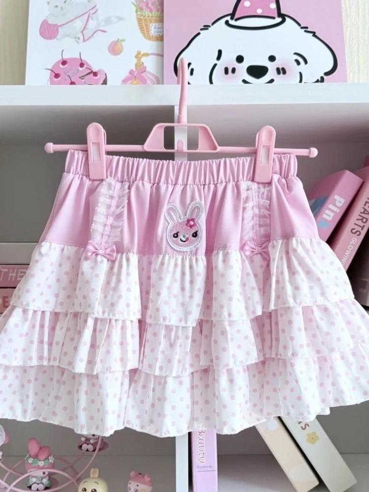 Sweet Japanese Elastic Waist Pink Polka Dot Skirts Kawaii Fashion Patchwork Loose Short Skirt Women's Design Bow Lovely Outfits