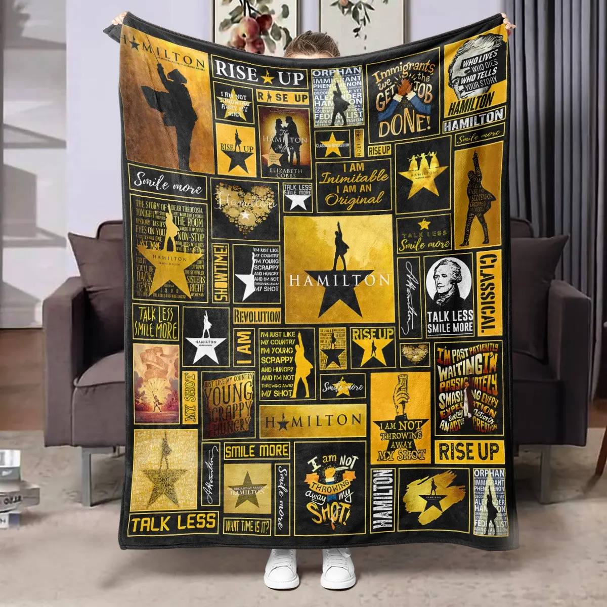1PC Broadway Musical Hamilton Black Gold Poster Lyric Collage Print Flannel Blanket, Flannel Throw Blanket, Soft Skin-Friendly Anti-Pilling Machine Washable Warm, Suitable For All Seasons For Home Sofa Rest, Bedroom Naps, Ideal For Musical Fans