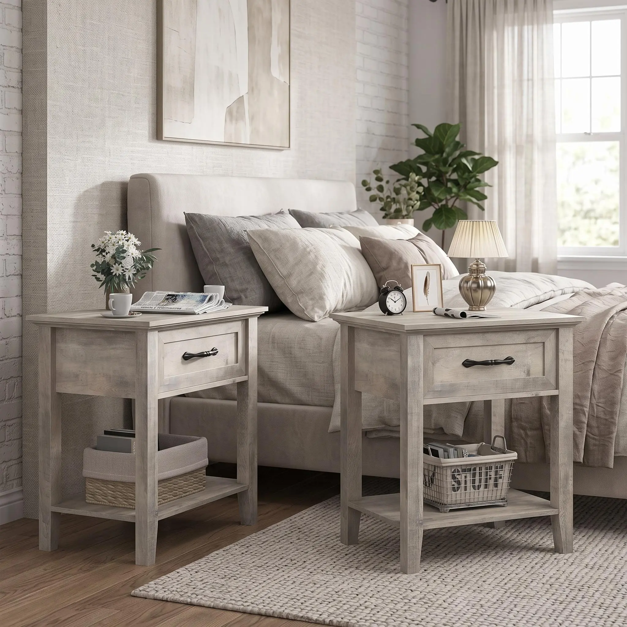 【IdealHouse】Modern Farmhouse Bedside Cabinet with Charging Station, Wooden Nightstand Featuring 2 Storage Drawers, Multifunctional Side Table for Bedroom and Living Room