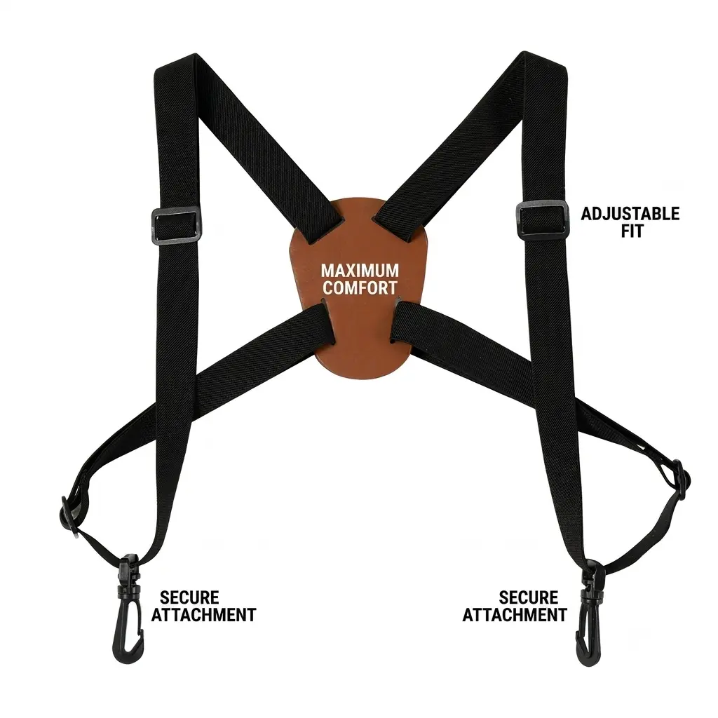 Ergonomic X-Style Binocular Harness with Dual Adjustable Shoulder Straps, Breathable Mesh Padding, and Elastic Load-Distribution Design for Hiking, Birdwatching, and Outdoor Photography