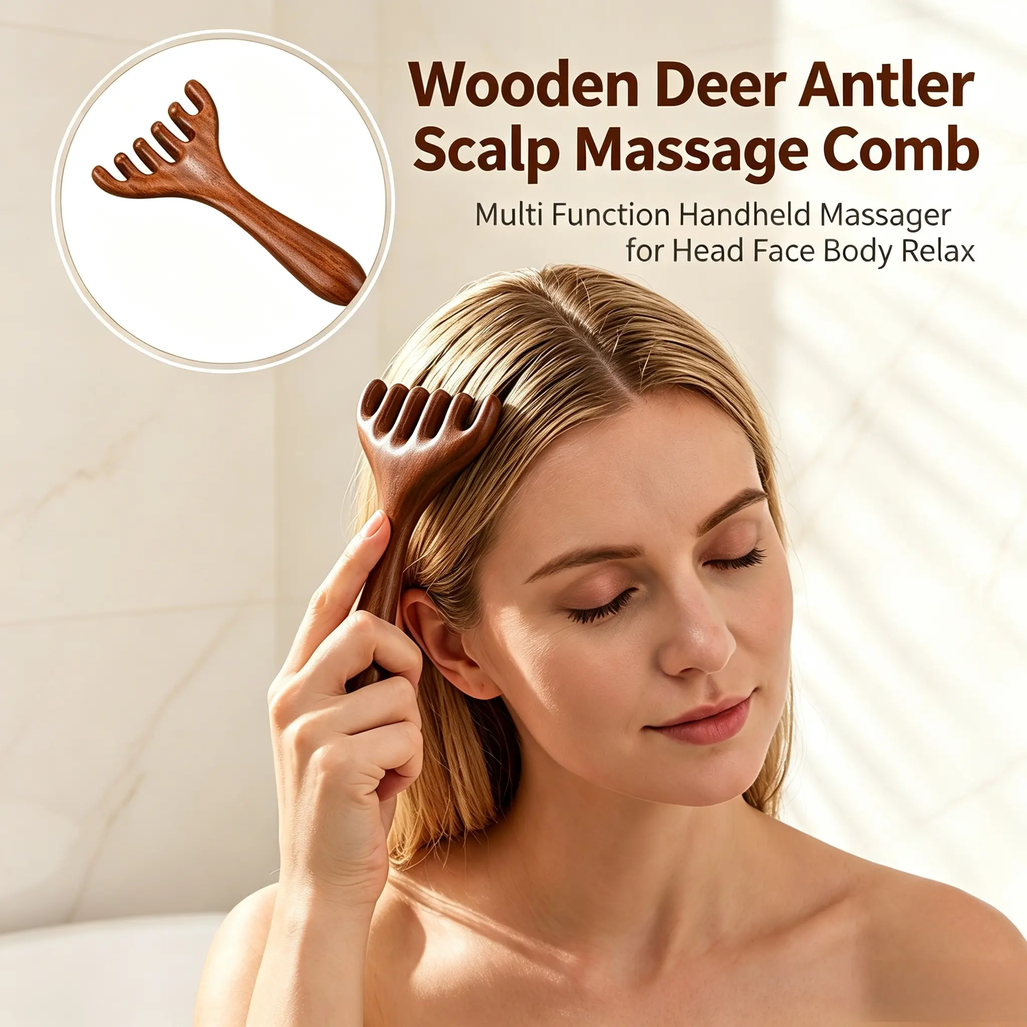 1count/2counts Antler-Shaped Scalp Massager Sandalwood Meridian Comb, Wooden Gua Sha Comb For Neck, Eye & Face, Meridian Brush For Wellness Massage Tools Neck, Massaging Tool For Scalp Care, Relaxation Aid, Body Care Tool, Head Massagers-YY0