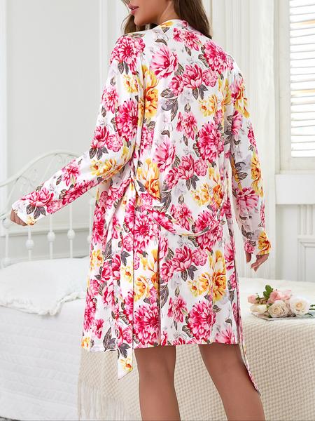 Sweet Floral Print Women's Long Sleeve Robe + Cami Dress Set, Elegant Comfortable Sleepwear Suit, Casual Home Wear, Spring & Fall Fashion