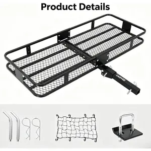Folding Hitch Mount Cargo Carrier Basket 60x24x6'', 500 lbs Capacity – Rust-Resistant Black Metal Basket with Security Net, Straps, License Plate Bracket – Global Rear Rack for SUV, Truck