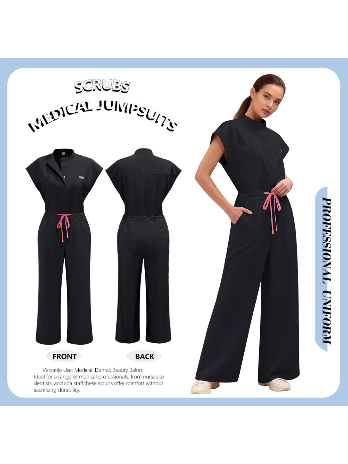 Women's Daily Practical Workwear Short Sleeve Jumpsuit Scrubs Multi Pocket Uniform for Doctor Nurse Pet Hospital