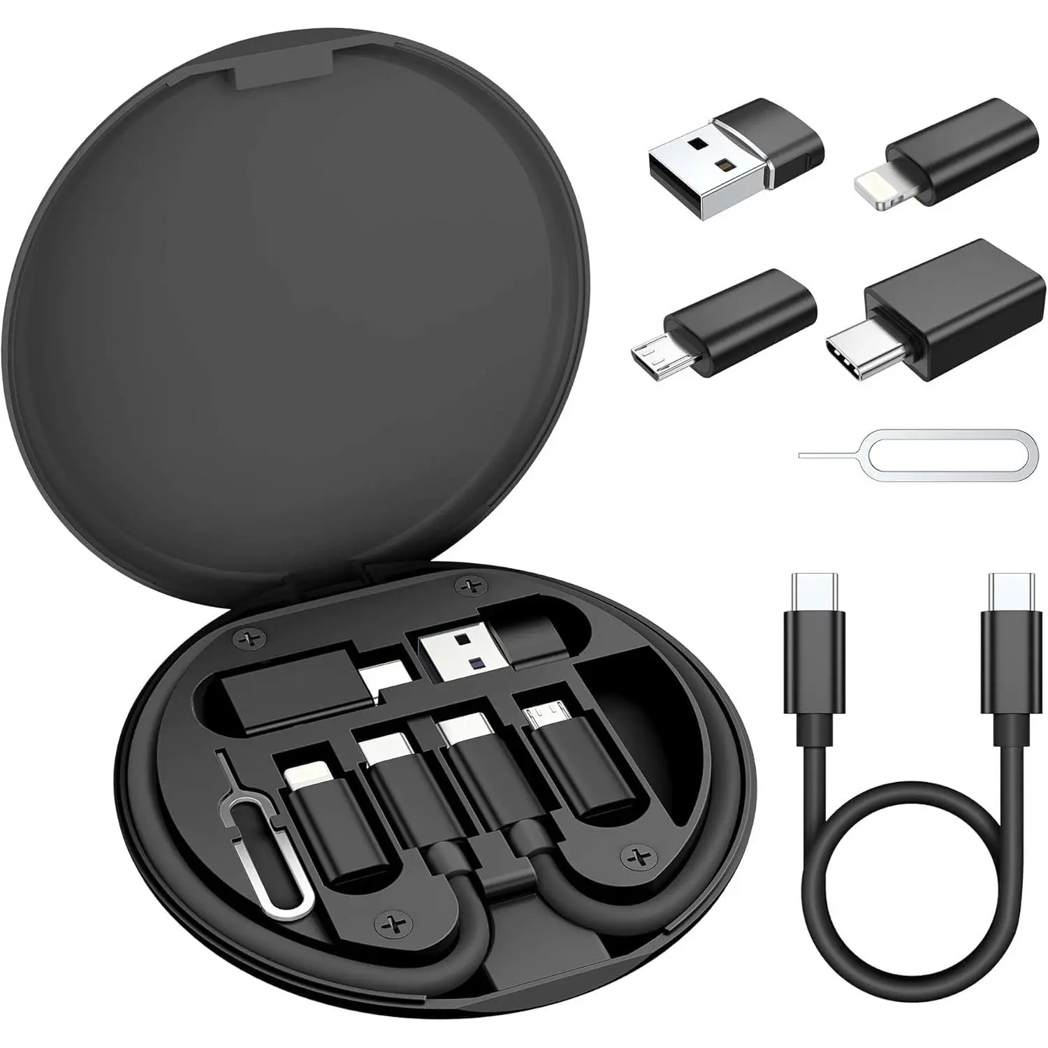 Multi USB C Charger Adapter Cable Kit (5+1),Travel Type C to iOS Adaptor Box with 1Ft 100W Charging Cord,USBC to Micro Converter,USB 3.0 OTG,Portable Card Storage,Tray Eject Pin,Data Transfer