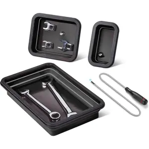 Collapsible Magnetic Parts Organizer Trays & 12" Flexible Magnetic Pickup Tool, 3 Different Size Magnet Tool Trays & Pick-Up Sweeper for Screw, Bolts, Nuts, Washers, Pins and Metal Parts, Black