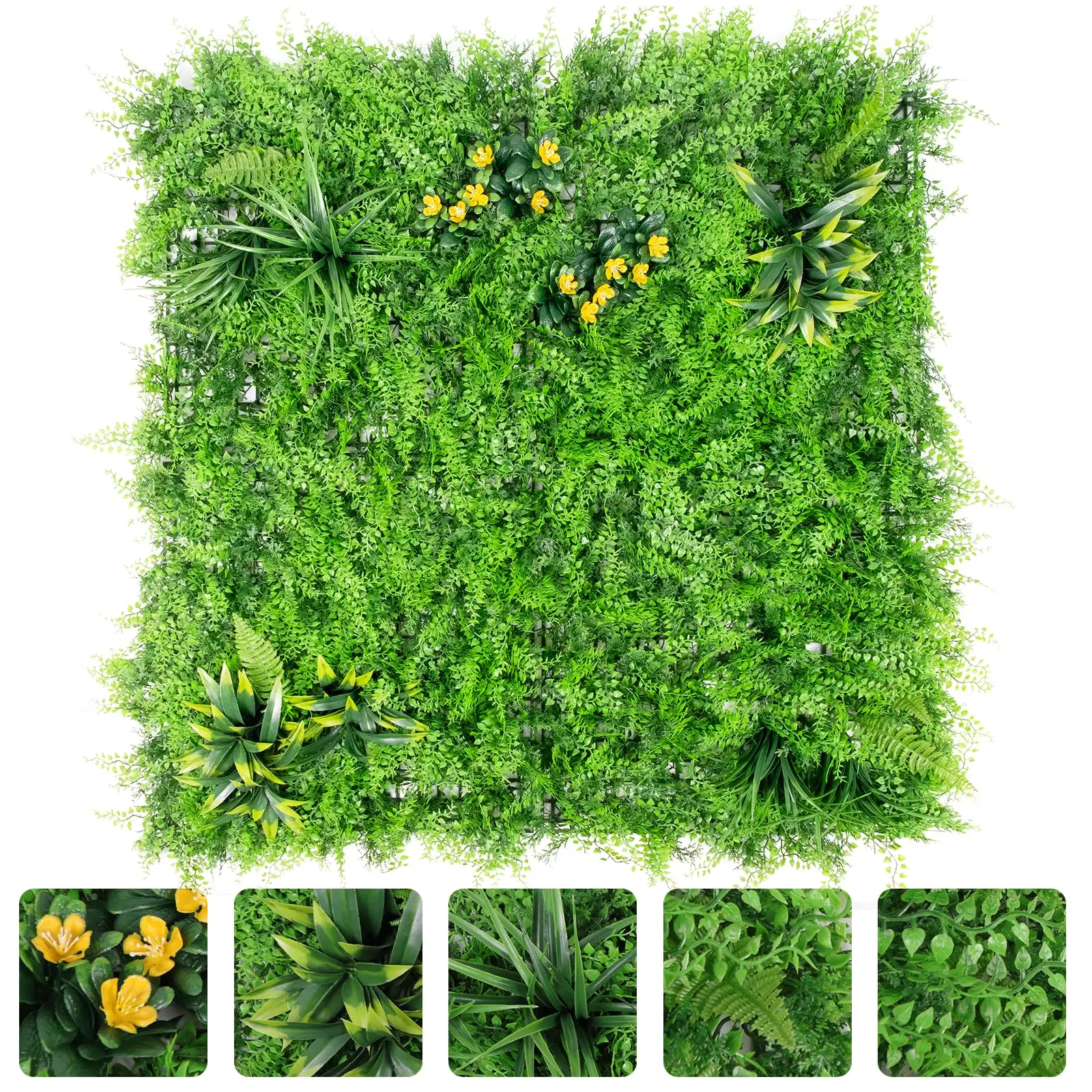 Artificial Grass Wall Panel – Eucalyptus & Yellow Flowers, Faux Greenery, Easy DIY, Privacy Screen