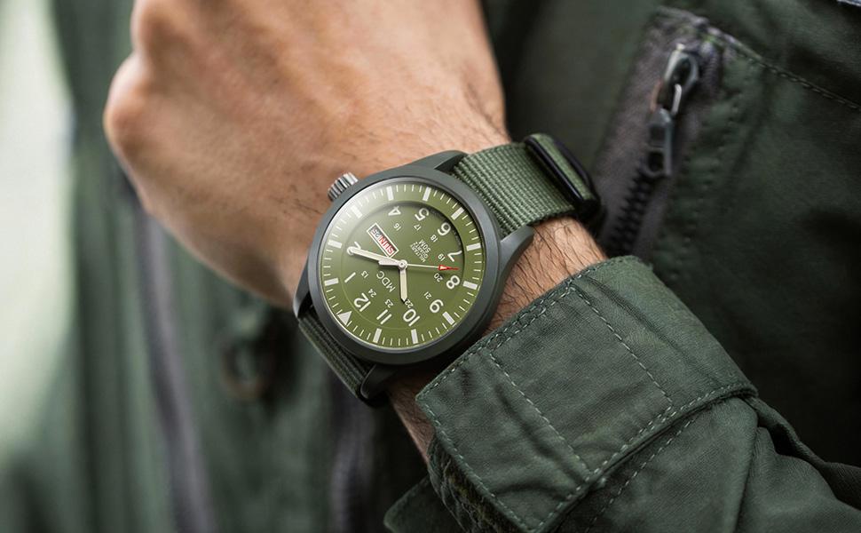 AGS Infantry Mens Military Watch, Vietnam Style Field Watches for Men, Tactical 12/24H Military Time Analog Watch, Waterproof Day Date Quartz Wristwatch w/Green Nylon Band, Work Watch for Man