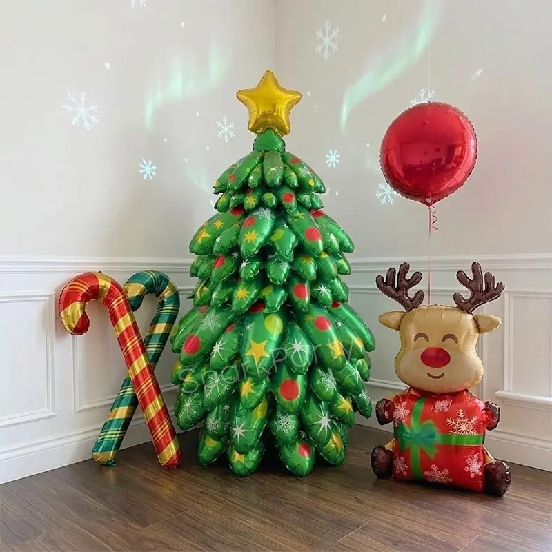 5pcs Christmas Theme Balloon Set, Giant Standing 4D Tree Shape Alum Foil Balloons, 18-Inch Round Balloons, Indoor Party Decor