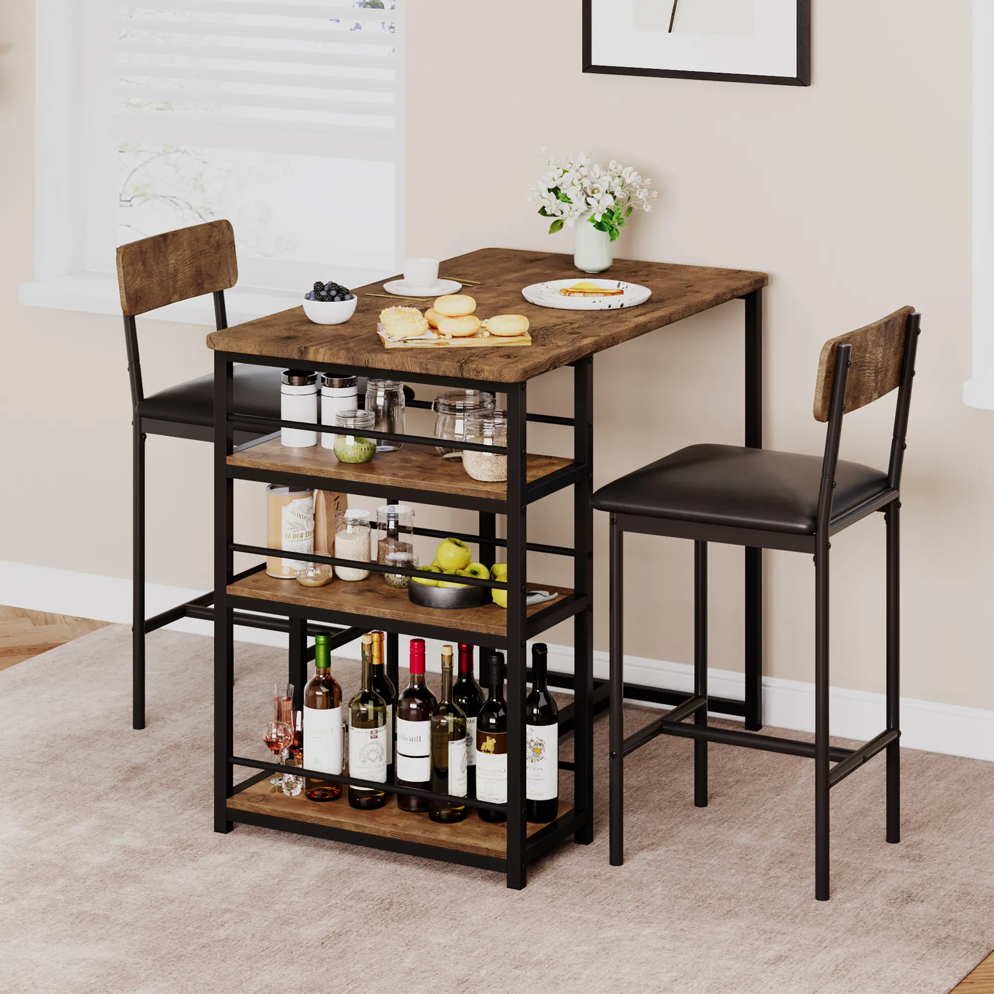 3-Piece Counter Height Bar Table Set, High Leg Bistro Table with 2 Upholstered Bar Stools, Multi-Tier Storage Shelves, MDF & Steel Frame for Kitchen, Pub, Breakfast Nook
