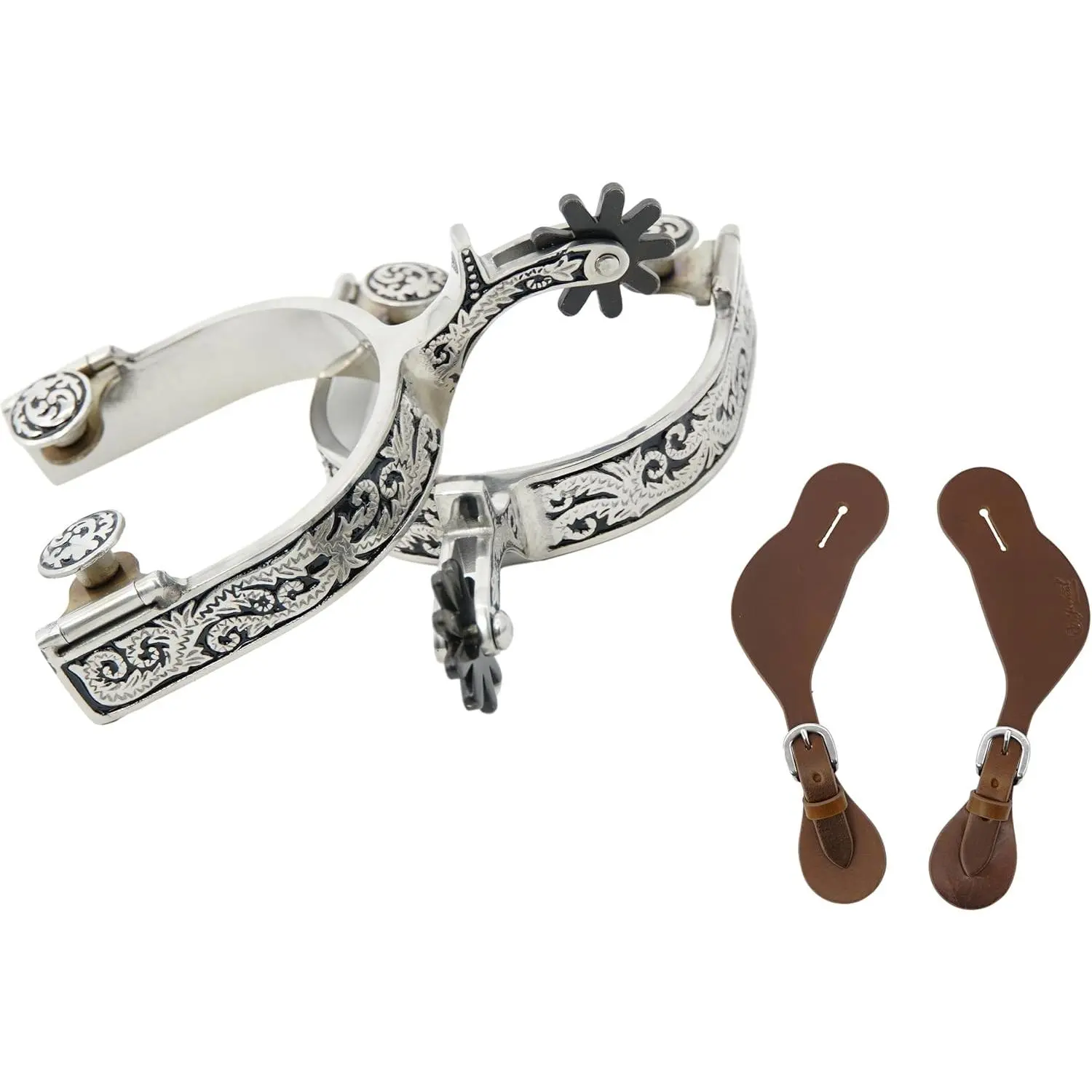 Western Spurs with Spur Straps, Engraved Trims and Rowel, for Men and Women