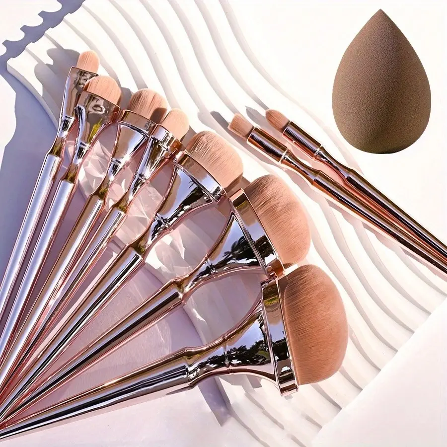 10-Piece Rose Gold Makeup Brush Set with Beauty Sponge, Professional Vegan Brushes for Foundation, Contour, Eyeshadow, Luxury Travel-Friendly