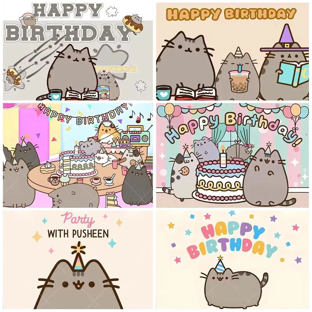 Cartoon Cute Fat Gray Cat Cake Happy Birthday Banner Kid Birthday Party Decor Supplies Baby Shower Photography Background