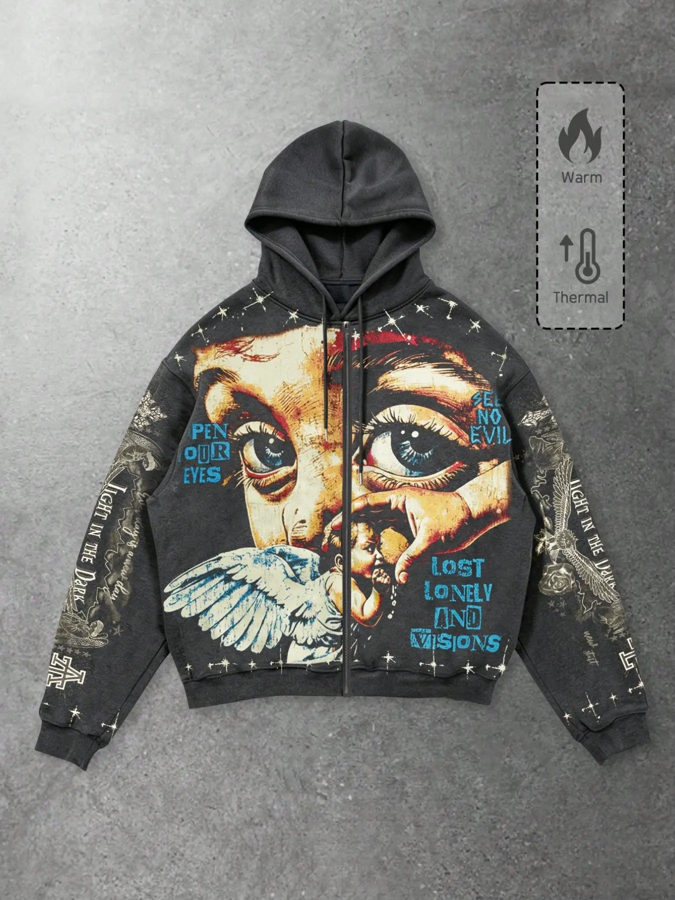 Men's Fall Winter Retro Vintage Hooded Sweatshirt, Full Print Zipper Jacket, Street Style Loose Fit Warm Pullover, Casual Outerwear, Zip Up Print