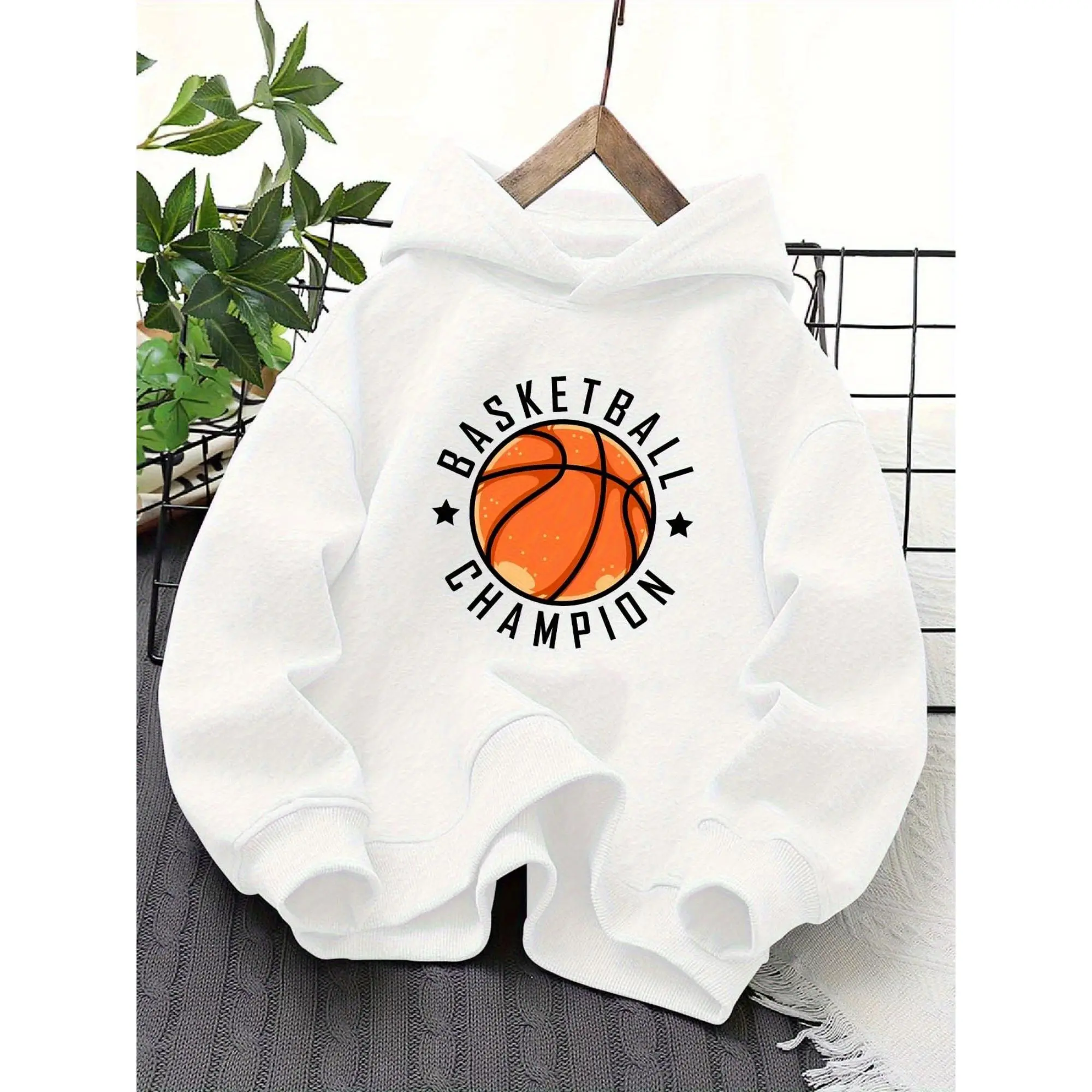 Basketball Print Hooded Sweatshirt - White with Black Lettering & Orange Design - Warm Unisex Winter Pullover, Machine Washable Polyester Sweater for Teams, Casual Wear & / Basketball Outfits
