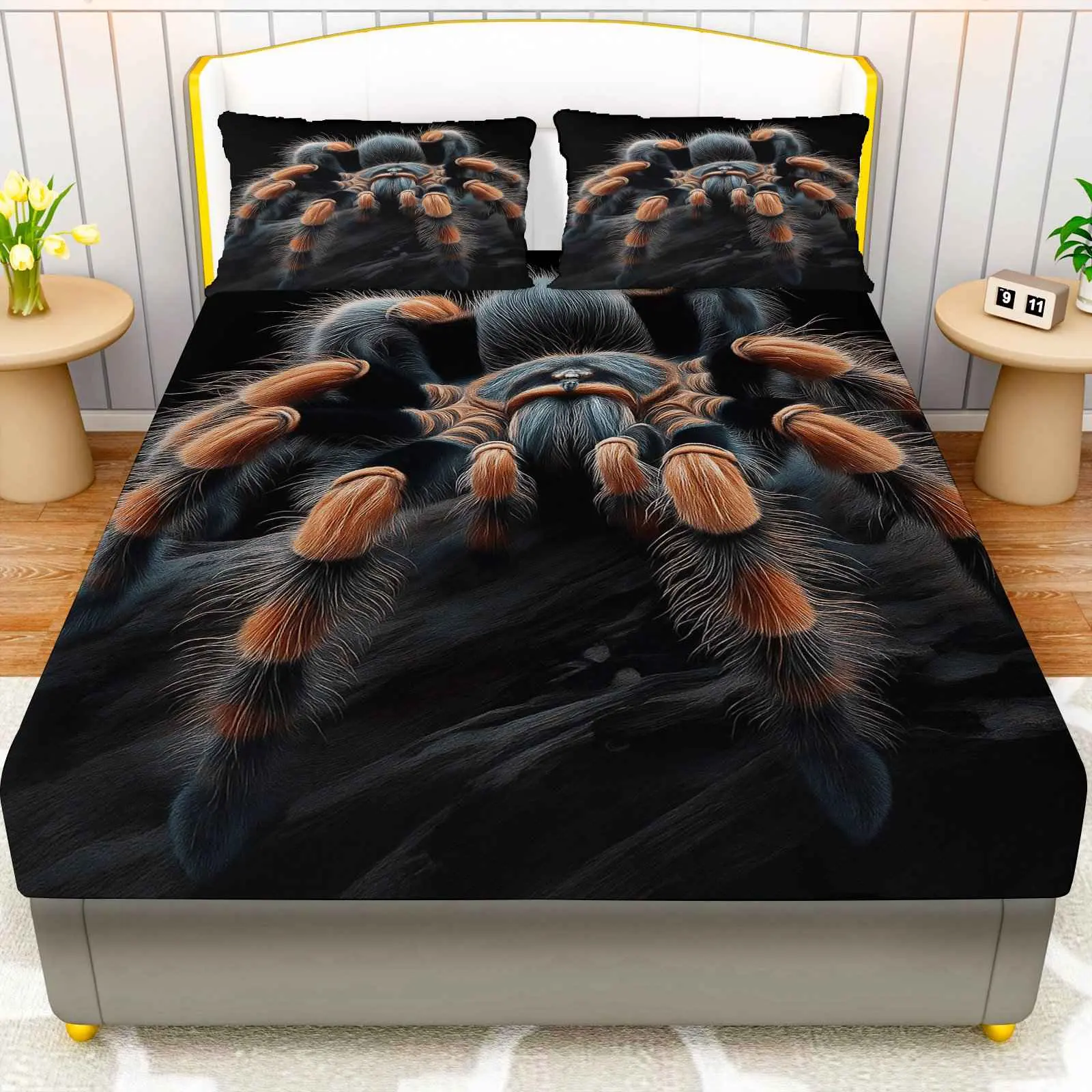 3-piece set of wild horror spider bed sheets, fitted sheet set (1* fitted sheet + 2* pillowcases, no inserts), Halloween theme, wild spider bedding set, mattress protector soft and breathable, bedroom, living room, seasonal home decor, Halloween decoratio
