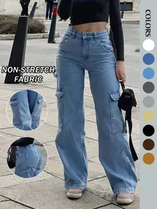 NVFelix Women's Black Cargo Jeans, Casual Utility Loose Fit Straight Leg Denim Pants, High Waisted Casual Trousers with Multiple Pockets for Everyday Streetwear