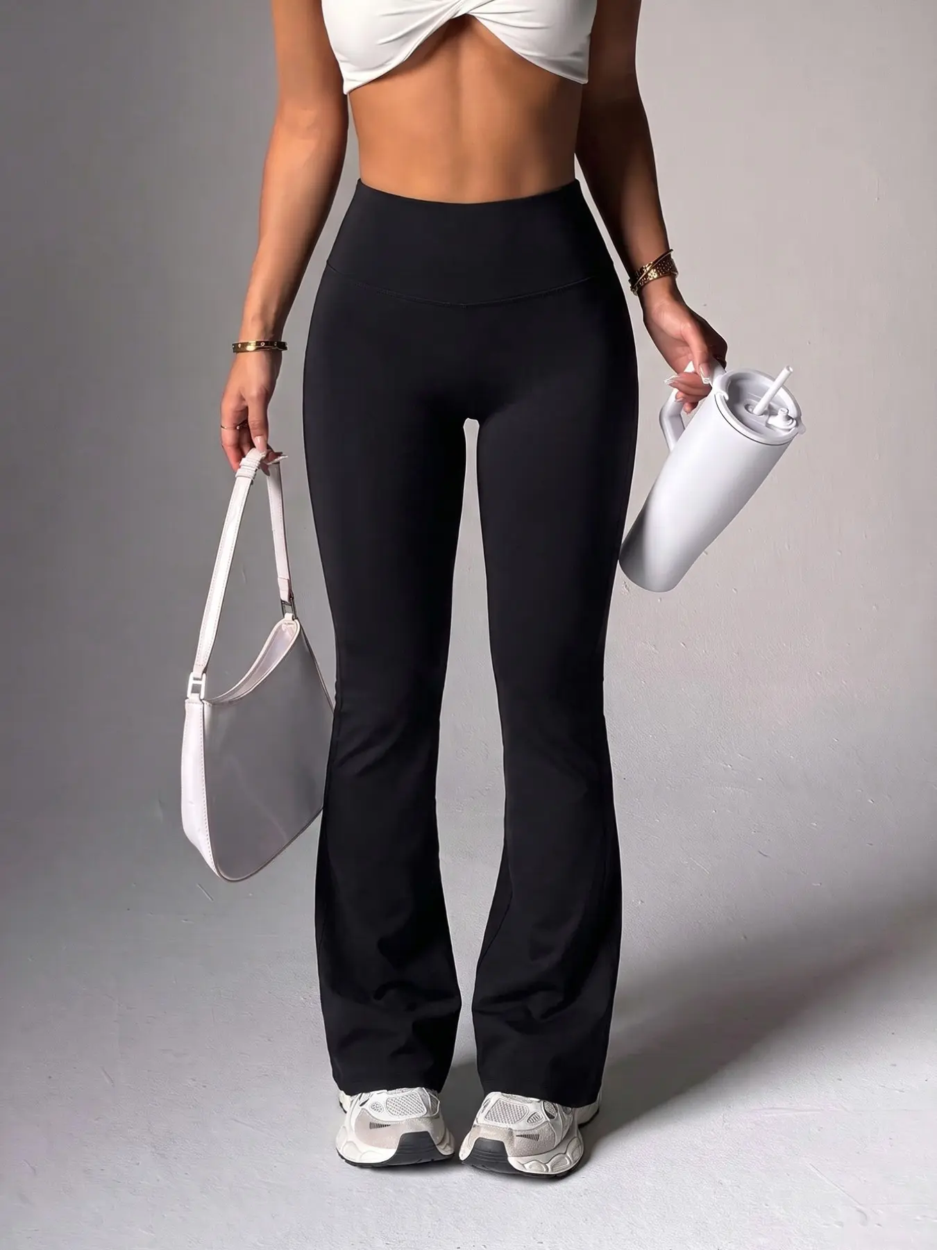 Women's High Waist Sporty Trousers, Plain Color Slim-Fit Micro Flare Leggings, Ideal for Yoga, Exercise, Fitness, Daily Wear