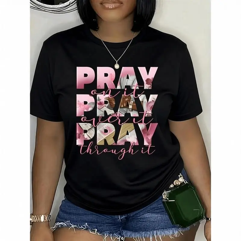 Plus Size Women's Casual T-Shirt with "Pray On It Pray Over It Pray Through It" Inspirational Quote & Floral Lettering - White Round Neck Short Sleeve Top for Spring Summer Fall, Ladies T Shirts, Everyday Comfort, Relaxed Fit Tee,.