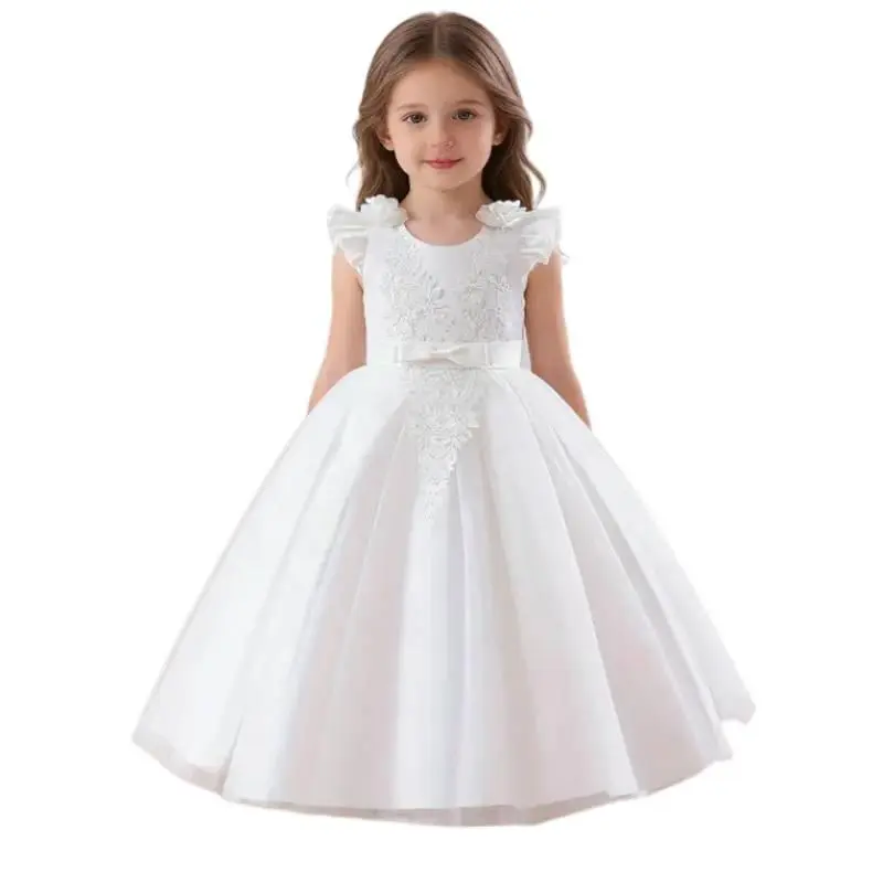 Girls' Solid Color Puff Sleeve Princess Ballgown - Child-Sized Formal Dress with Lace-Mesh Splicing, Suitable for Birthdays, Flower Girl Performances, Princess Ballgown Formal Dresses, 5-6Y, 7-8Y, Child-Sized Formal Dresses