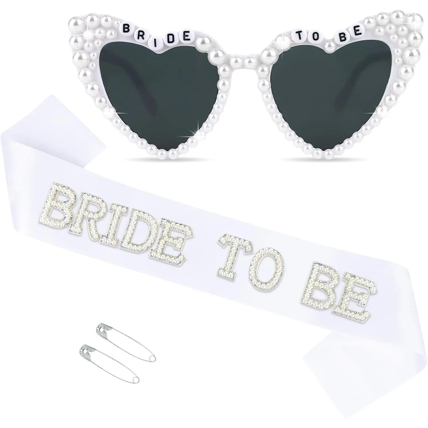 Women's White Bride Sash & Pearl Star Heart Sunglasses Set - Hen Party Accessories, Bridal Shower Gifts, Engagement Decor