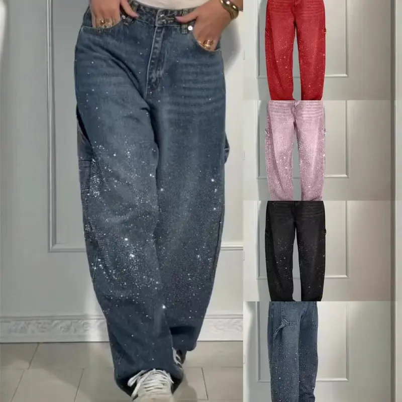 Plus-size women's jeans, new women's fashion, European and American style, star-patterned rhinestone jeans, casual long pants for women N01