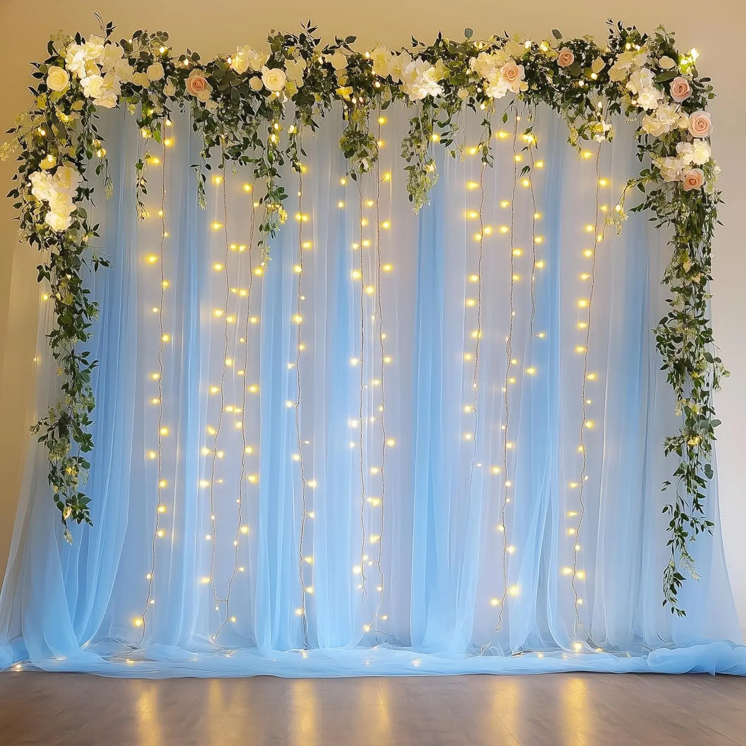 Baby Blue Tulle Fabric Backdrop Set with String Lights - 2 Panels (5x8ft Each, Total 10x8ft) Sheer Curtains for Weddings, Floral Party, Photo Shoot Decorations, Indoor Decor, Modern