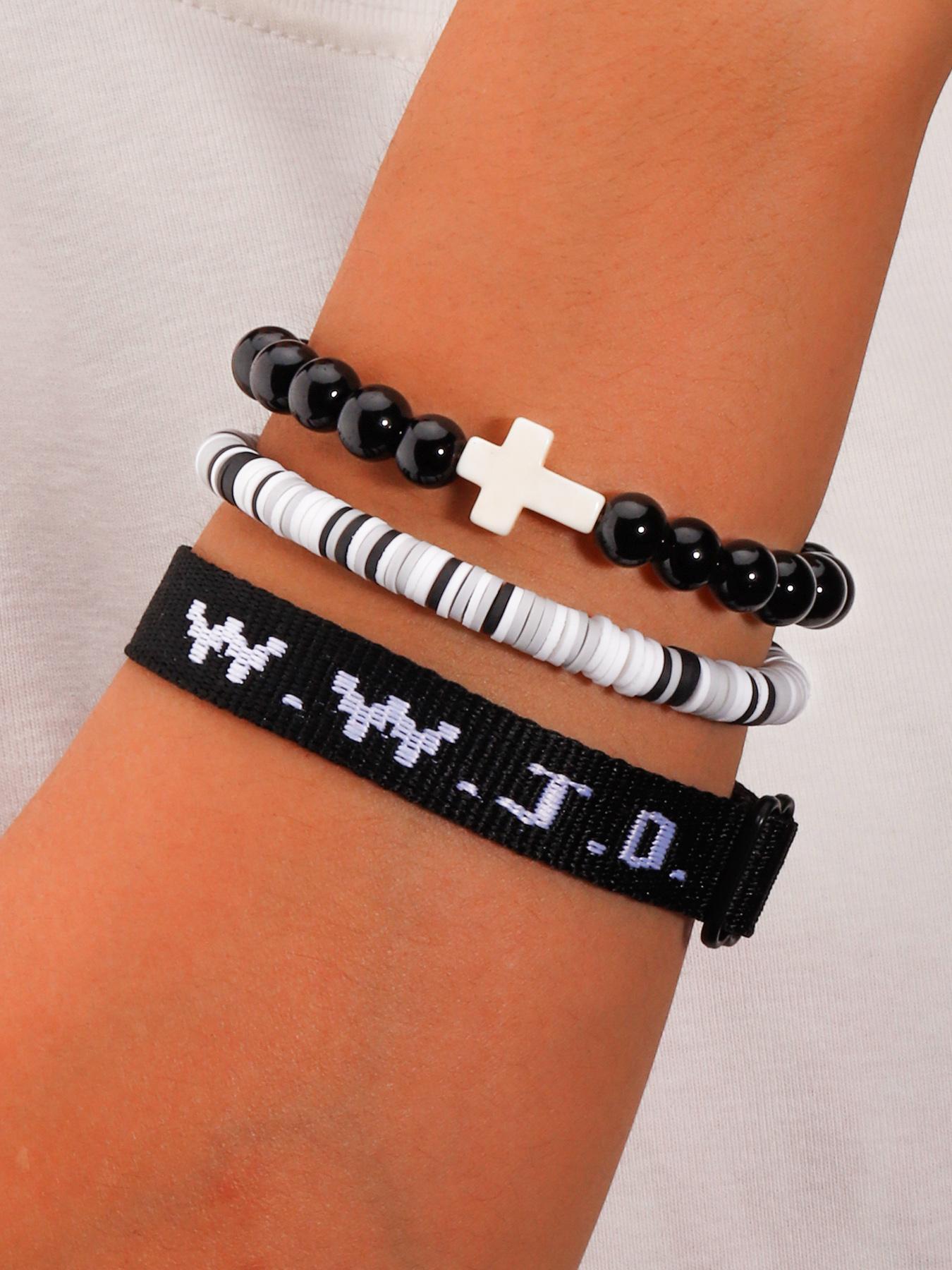 WWJD Letter Beaded Bracelet, Fashionable Cross Charm Decor Beaded Bracelet for Women & Men, Trendy All-match & Exquisite Jewelry for Birthday Gift, Letter Link Bracelet
