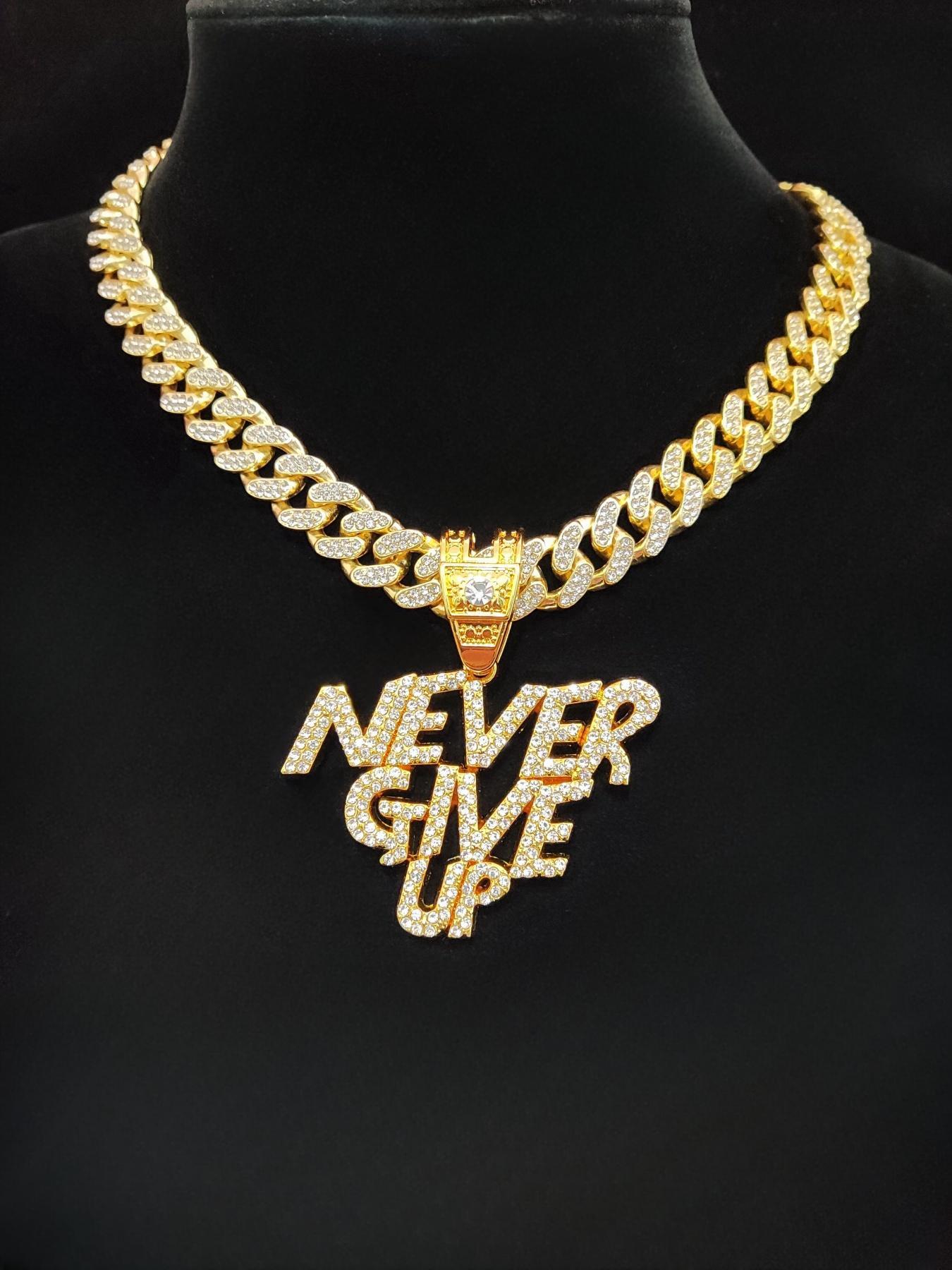 Fashion Rhinestone Decor Letter Cuban Chain Pendant Necklace for Men & Women for Summer, Hip Hop Cubic Zinc Alloy Chunky Chain Jewelry for Daily Wear Or Party, Anniversary Birthday Accessory Gift, Cuban Link Necklace