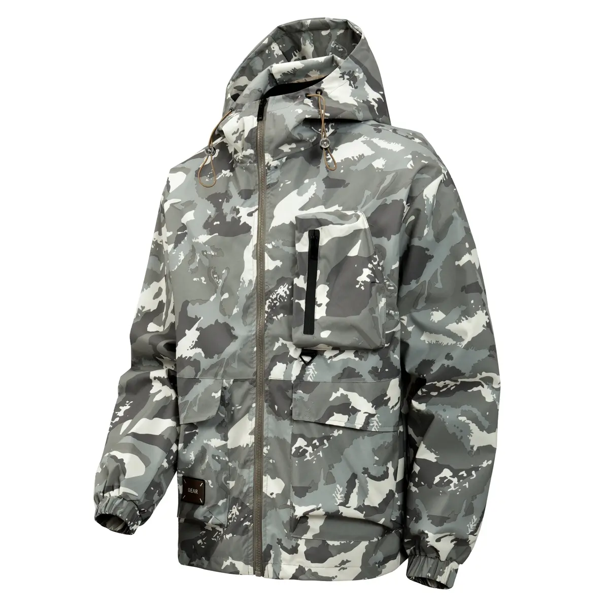 Men's camouflage printed hooded outdoor jacket, full zipper windproof and waterproof jacket, adjustable drawstring hood with multiple pockets, loose elastic cuffs, lightweight and durable jacket, perfect for hiking, camping, hunting, daily commuting, men'