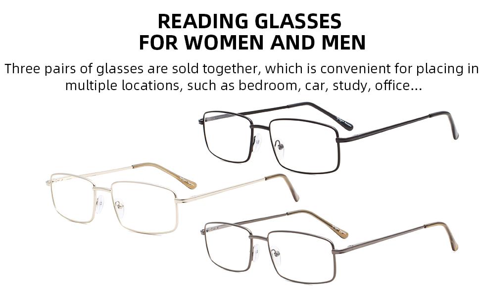 3-pack Large Rectangular Reading Glasses with Spring Temple for Men Silver