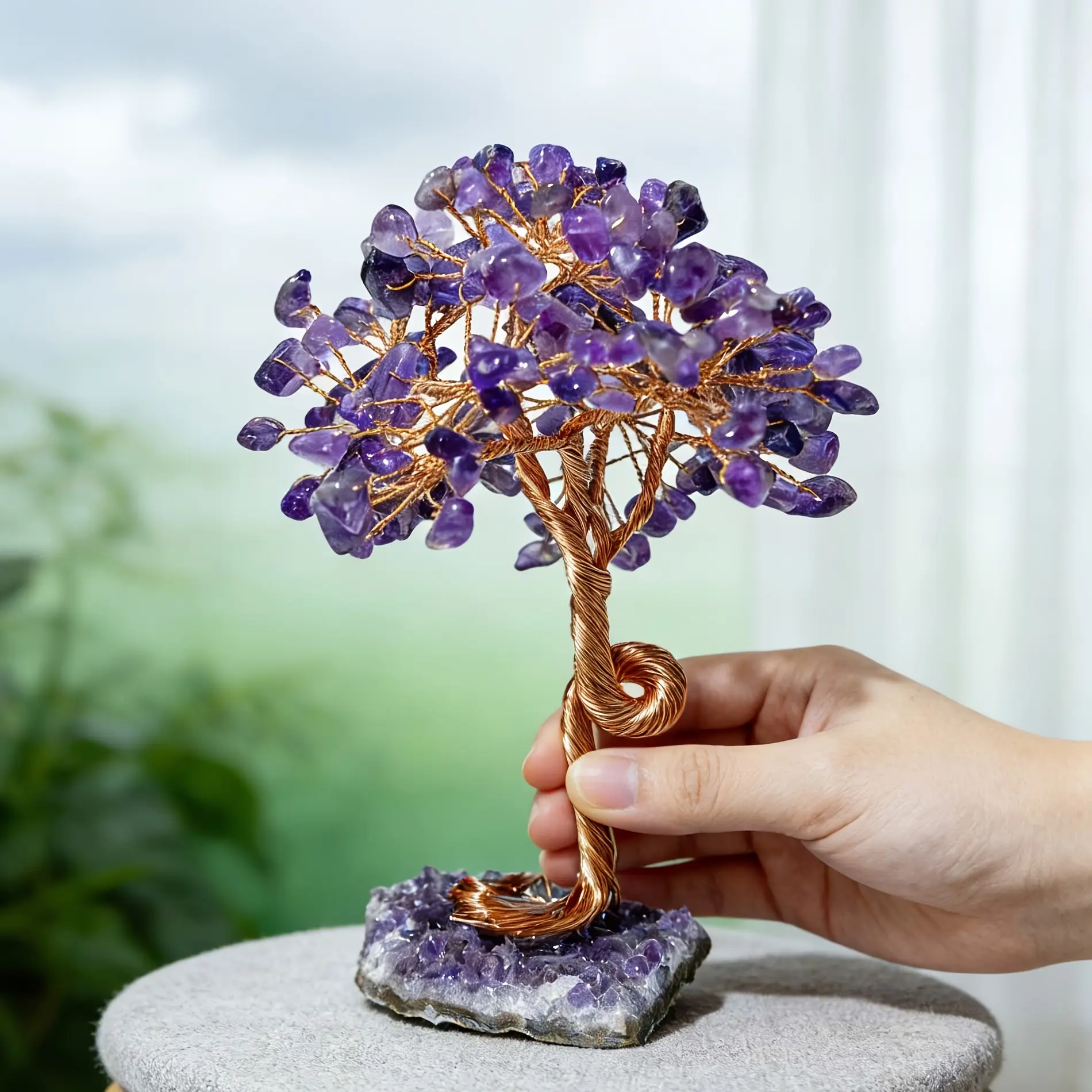 Handcrafted Amethyst Crystal Prosperity Tree Sculpture, Natural Raw Amethyst Clusters with Copper Frame, Mini Gemstone Tree Ornament, Decorative Crystal Statue for Desktop and Collector Cabinet Display, Distinctive Collectible Gift for Crystal Enthusiasts