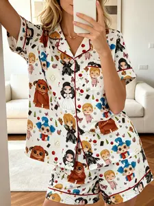 Women's Pajamas Set 2026 New Summer White Labyrinth Movie Chibi Cartoon Character Print Red Contrast Piping Short Sleeve Lapel Button Front Shorts Lightweight Breathable Soft Skin-Friendly 90s Nostalgia Cute Casual Daily Sleepwear for Women