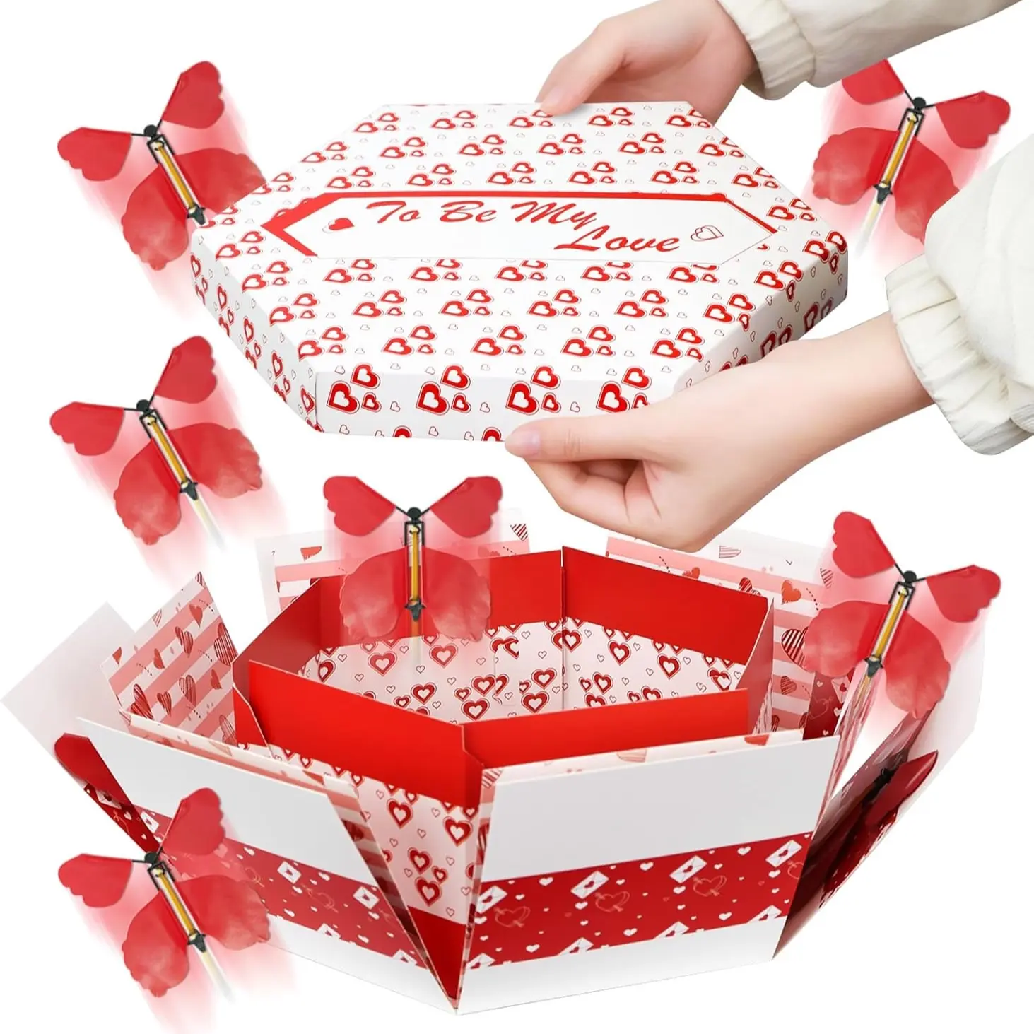 1Set DIY Romantic Flying Butterfly Pop Up Explosion Surprise Gift Box Heart Printed Foldable Gift Box For Birthday Valentine's Day Christmas Holiday Surprise Gift Presentation