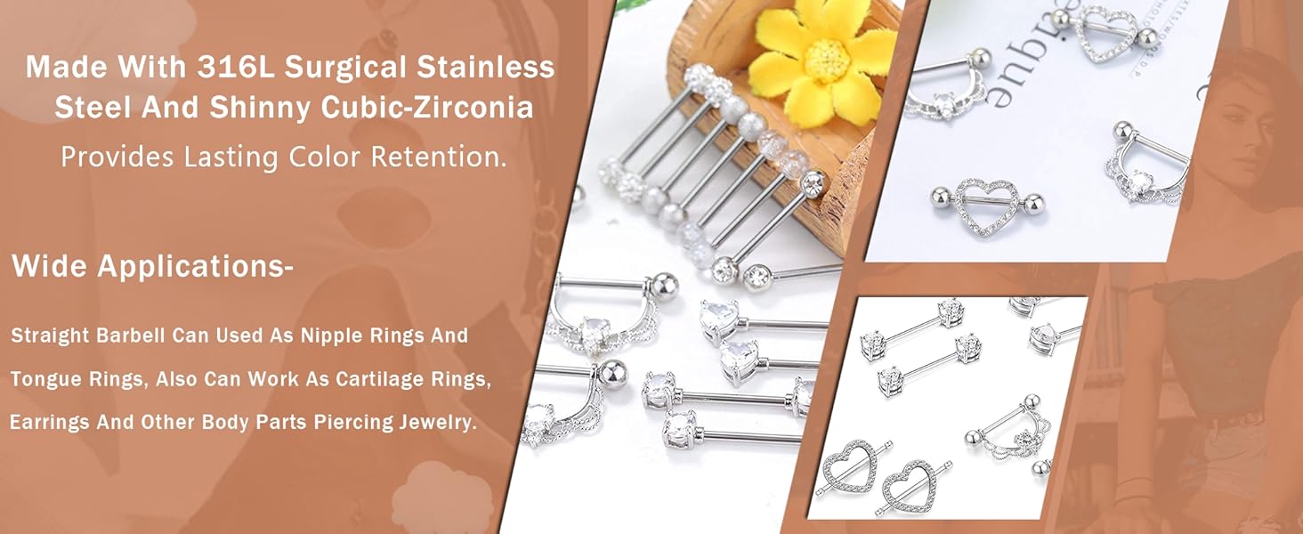 8 Pairs 14G Surgical Steel Body Piercing Set Heart & CZ Barbell Jewelry | Multi-use for Tongue, Ear & Body Piercings 5/8 Inches