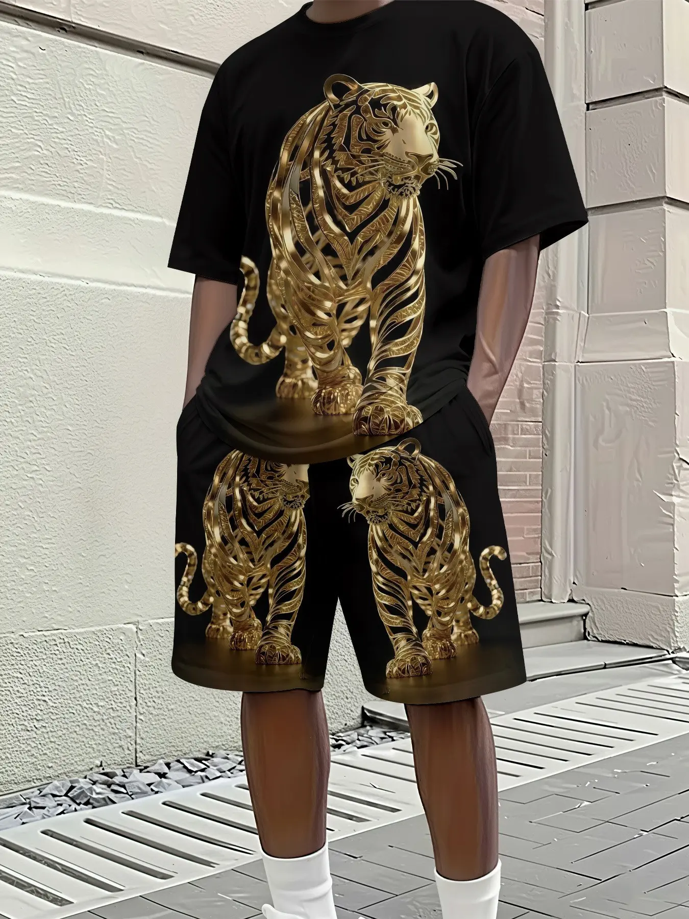 Men's Two-Piece Set, 3D Tiger Print Summer Casual, Round Neck Short Sleeve Tee & Pocket Drawstring Shorts, Comfortable Knit Fabric, Outdoor Sports