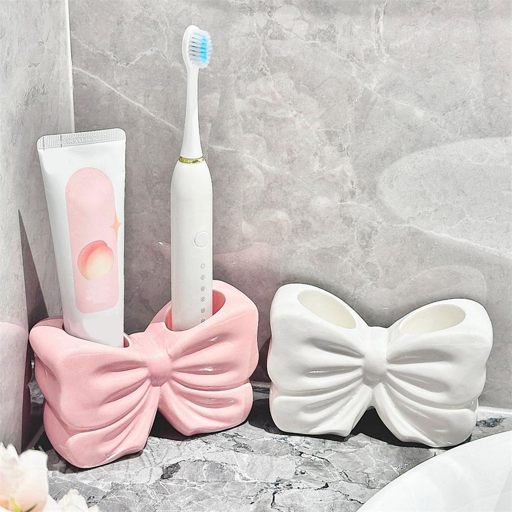 Bowknot Design Toothbrush Holder, 1 Count Ceramic Toothbrush Storage Rack, Bathroom Supplies for Home Hotel Salon Dormitory, Toothbrush Cup Holder