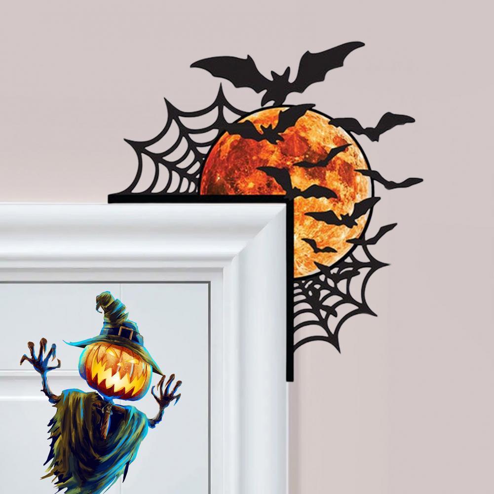 Halloween Door Corner Sign Metal Witch Cat Bat Ghost Spider Web Door Topper Sign Home Door Window Frame Decoration
