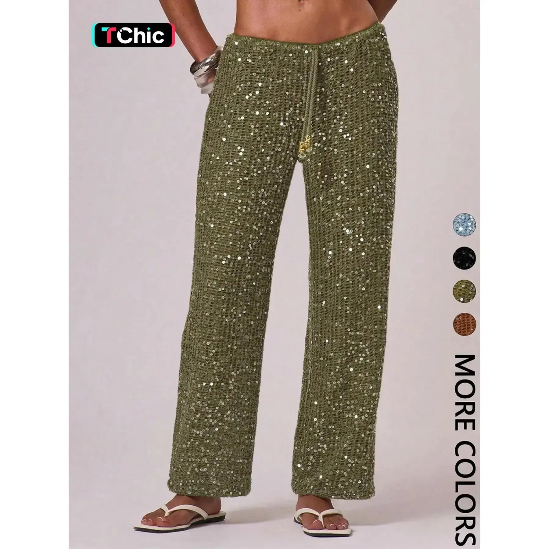 Women's Bohemian Style Beach Pants, Elegant Summer Sequined Long Trousers, Fashionable Holiday Wear, Ladies' Casual Fitted Womenswear, Chic Casual Trousers